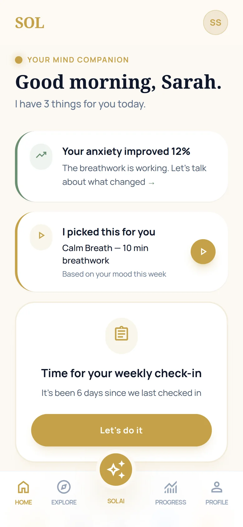 The SOL home screen: Lumi greets you with three things for the day