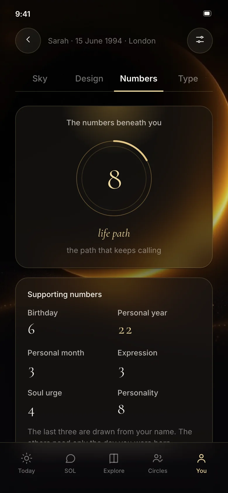 The numbers beneath you in SOL: a gold life path number and its supporting numbers