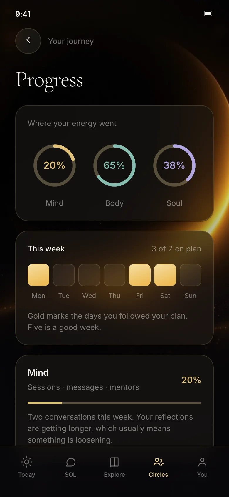 Your SOL progress: where your energy went across mind, body and soul this week