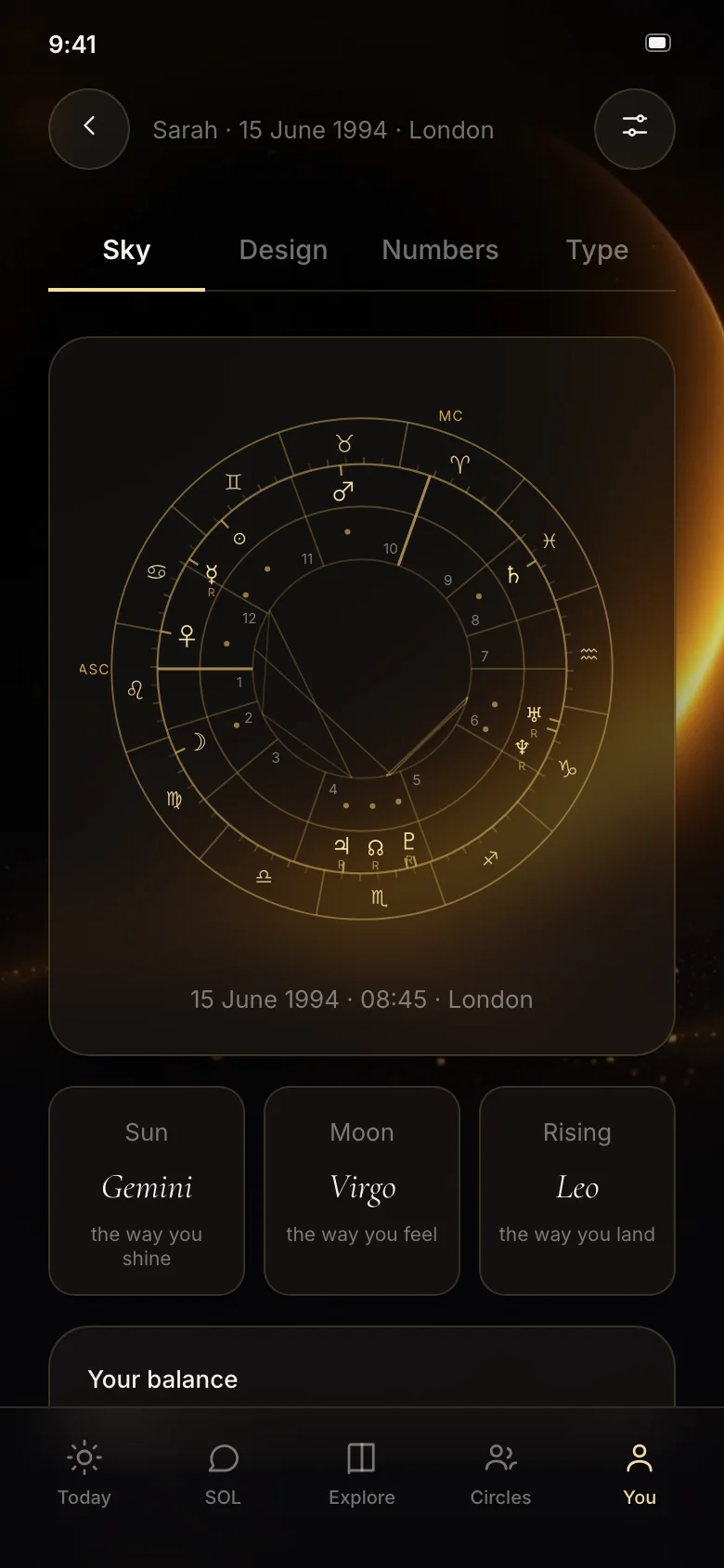 A natal wheel in SOL: the sky you were born under, with your sun, moon and rising beneath it