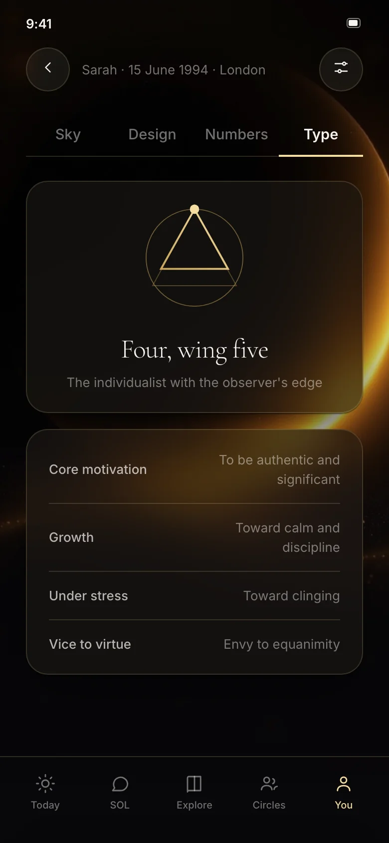 Your type in SOL: four with a five wing, and what moves it under stress
