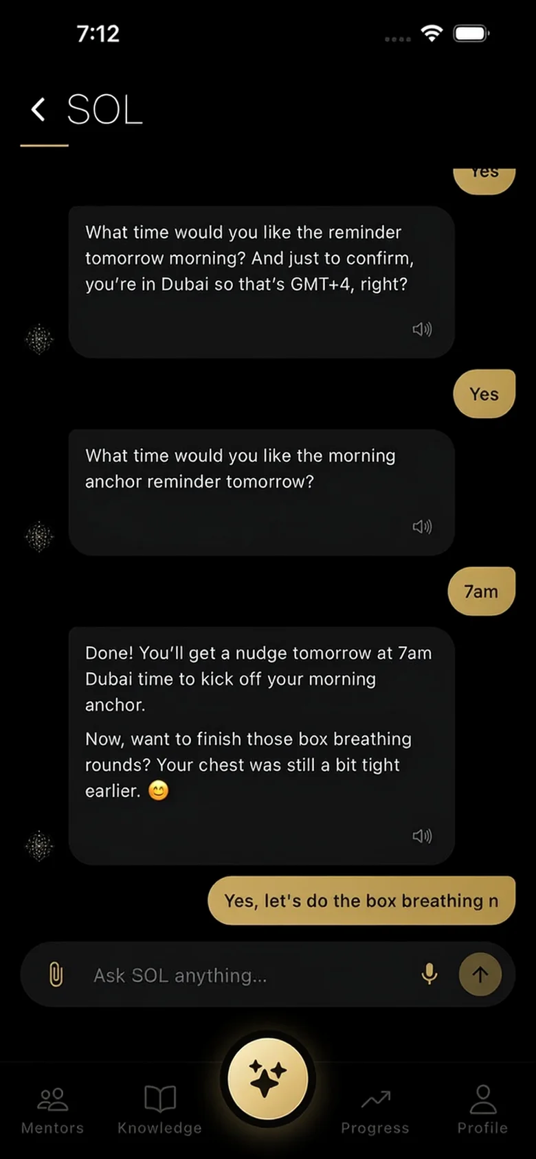 A conversation with SOL: it checks in with a morning reminder and remembers your context